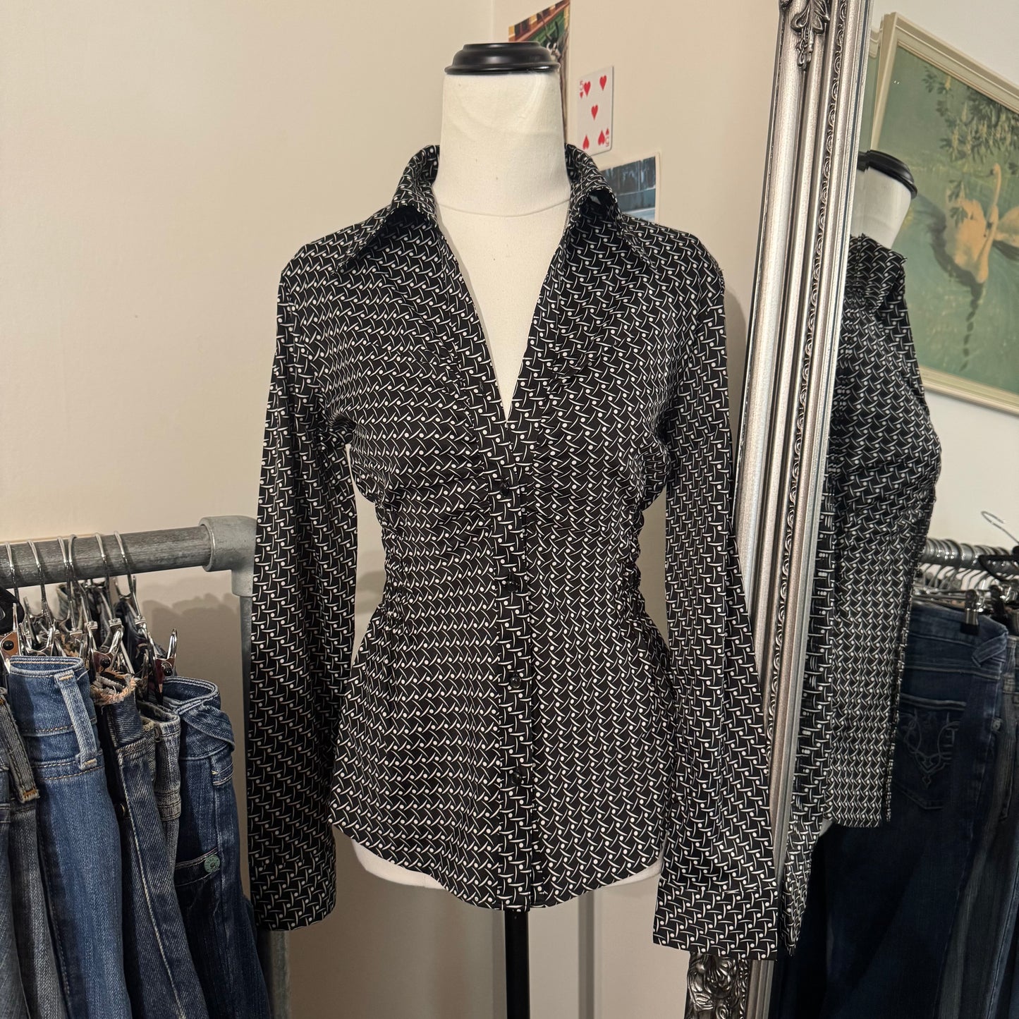 Patterned Cinched Button Up Blouse