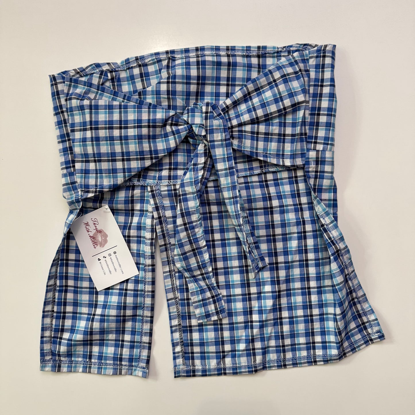 Blue Plaid Strapless Tie Back Top