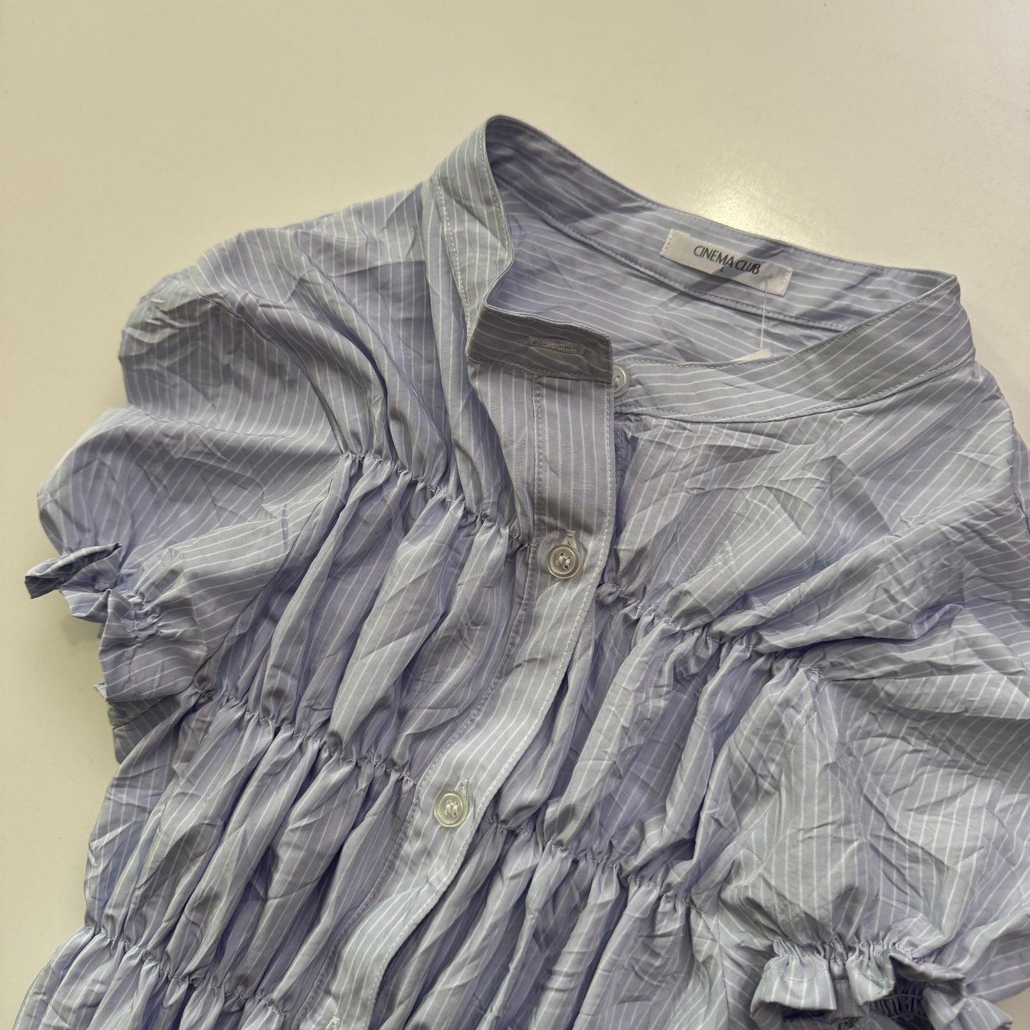 Ruched Pinstripe Button Up Blouse
