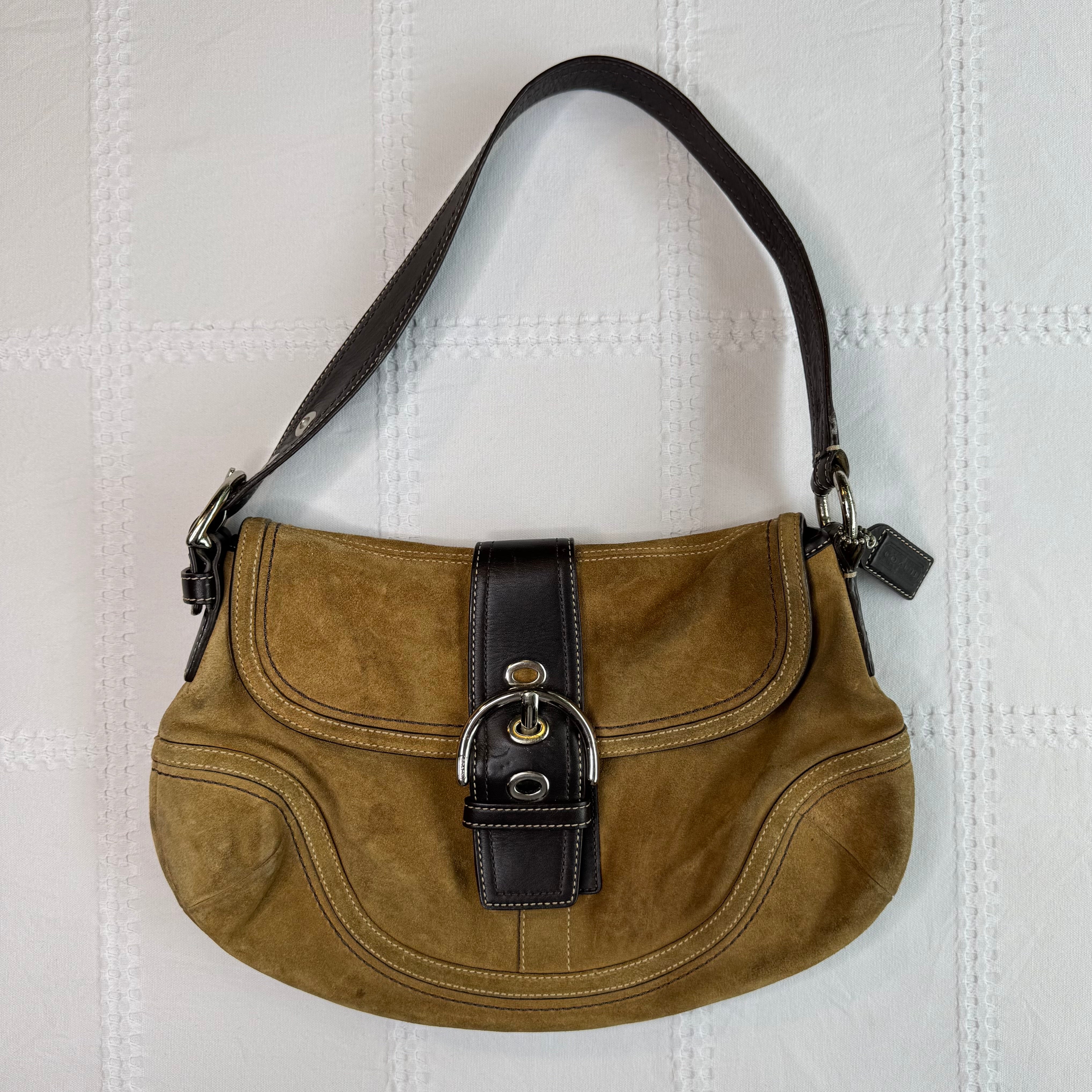 バッグ Coach Soho Hobo Suede Leather Shoulder COACH Vintage Soho Shoulder bag buckle Suede Leather Beige