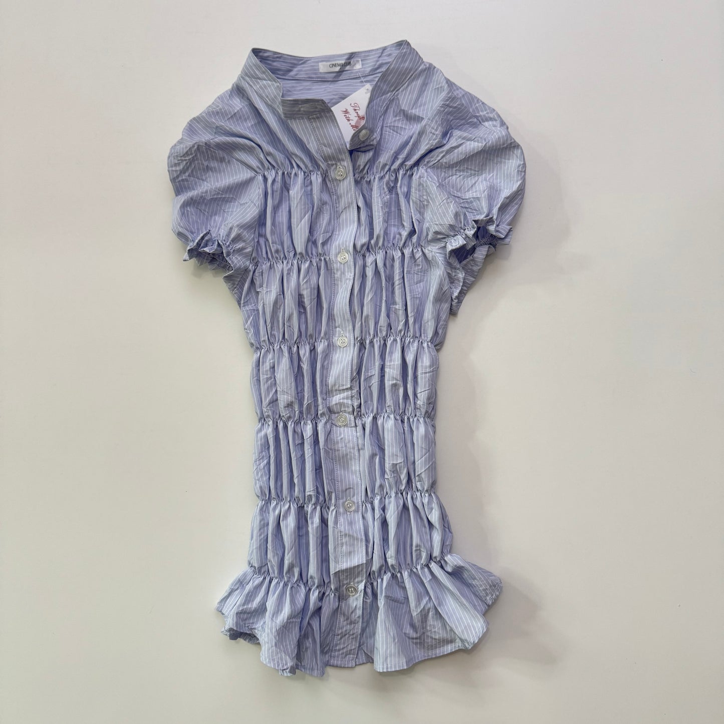 Ruched Pinstripe Button Up Blouse