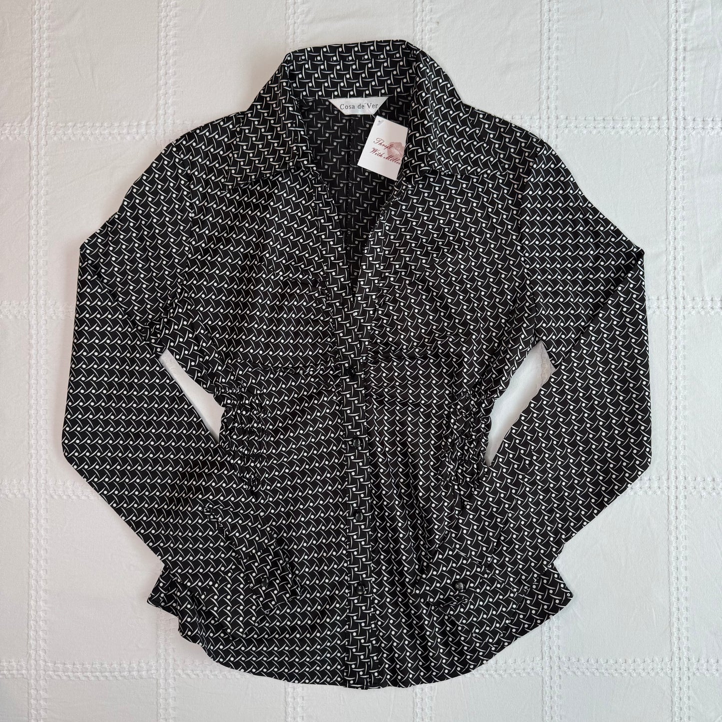 Patterned Cinched Button Up Blouse