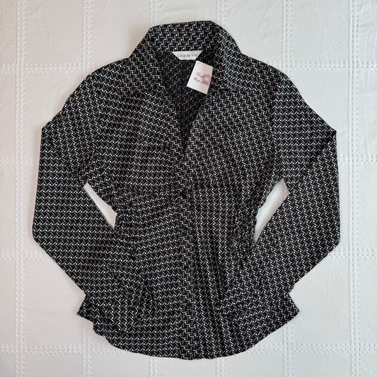Patterned Cinched Button Up Blouse