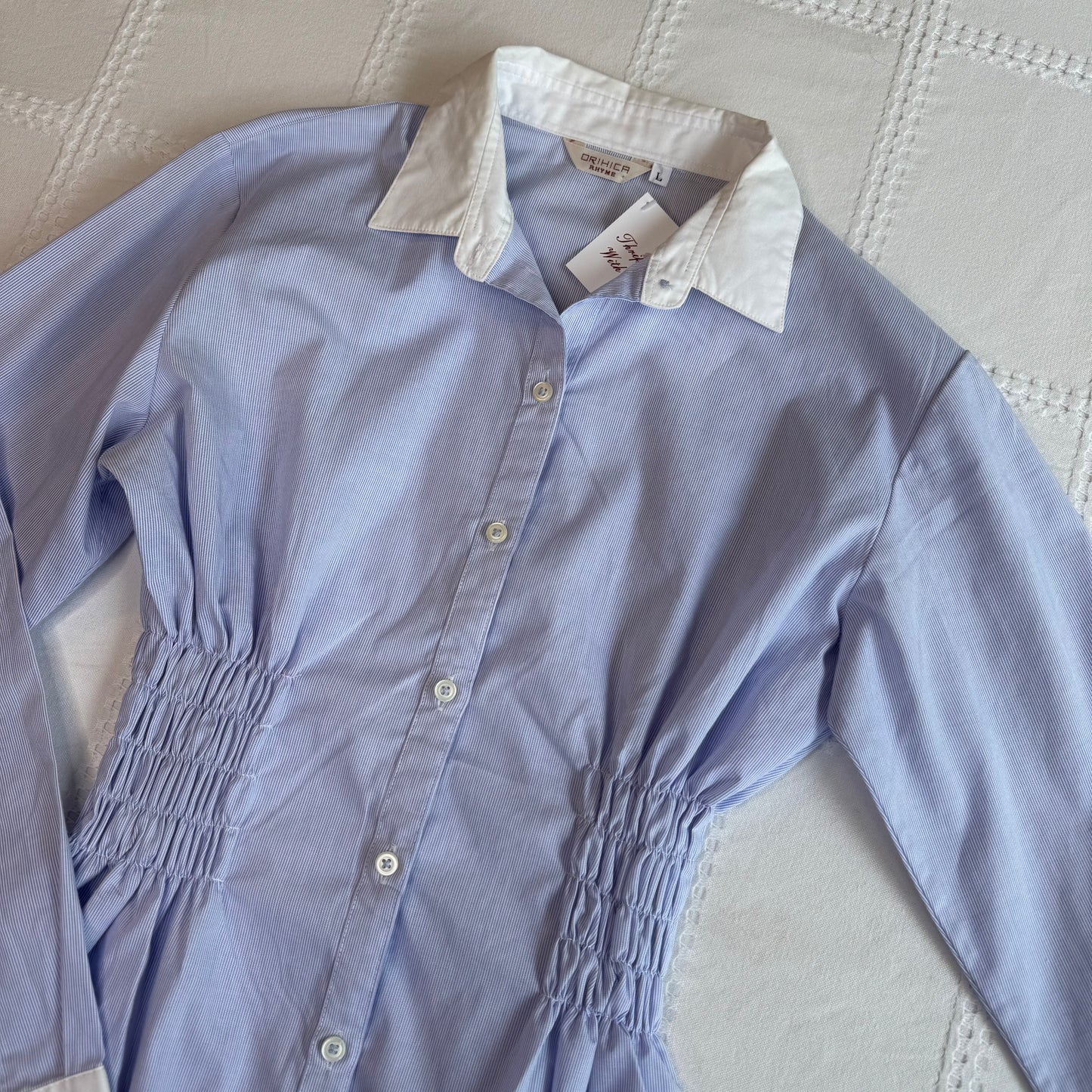 Blue Cinched Button Up Blouse