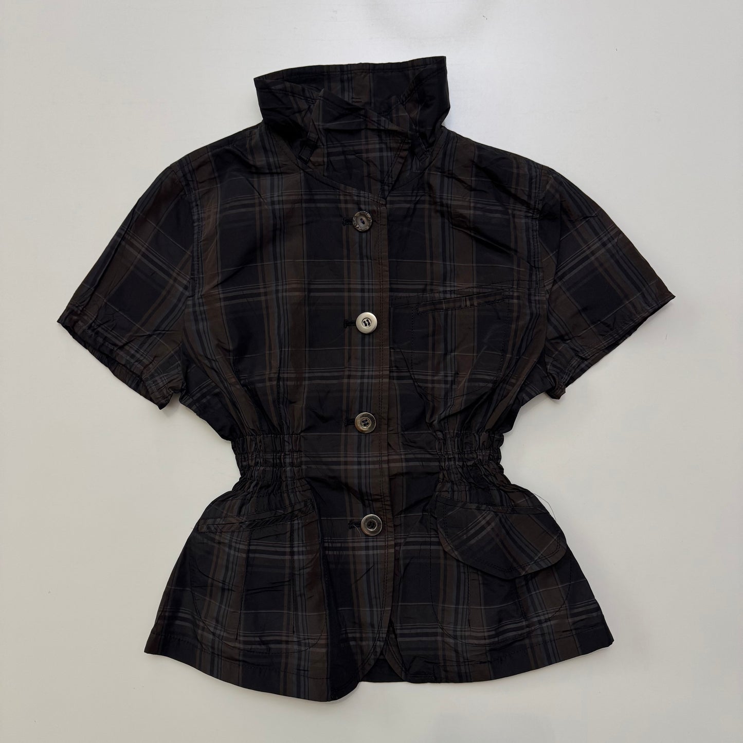 Cinched Waist Plaid Blouse
