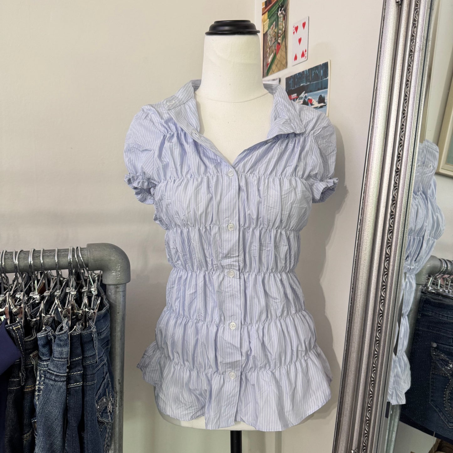 Ruched Pinstripe Button Up Blouse