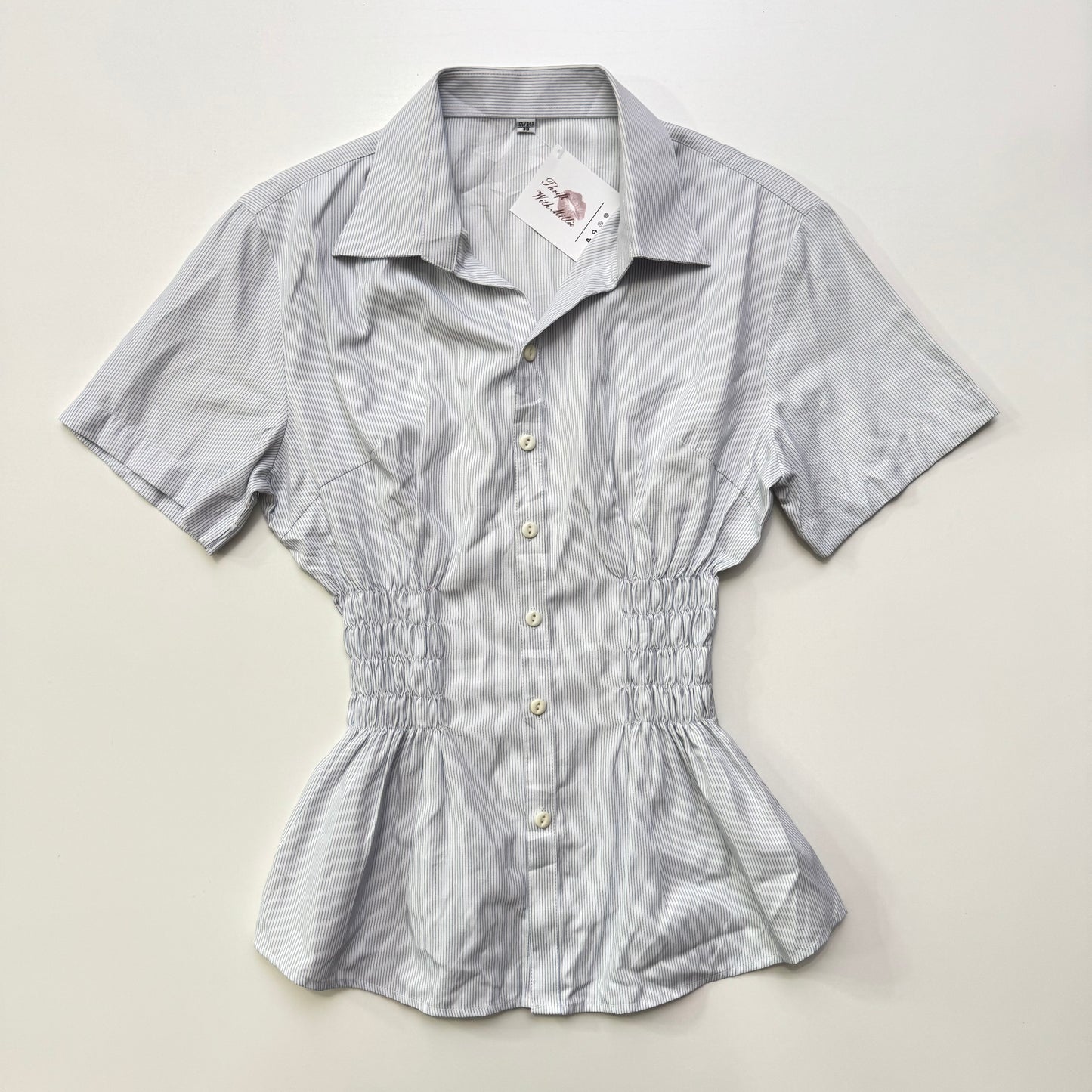 Blue + White Stripe Cinched Blouse