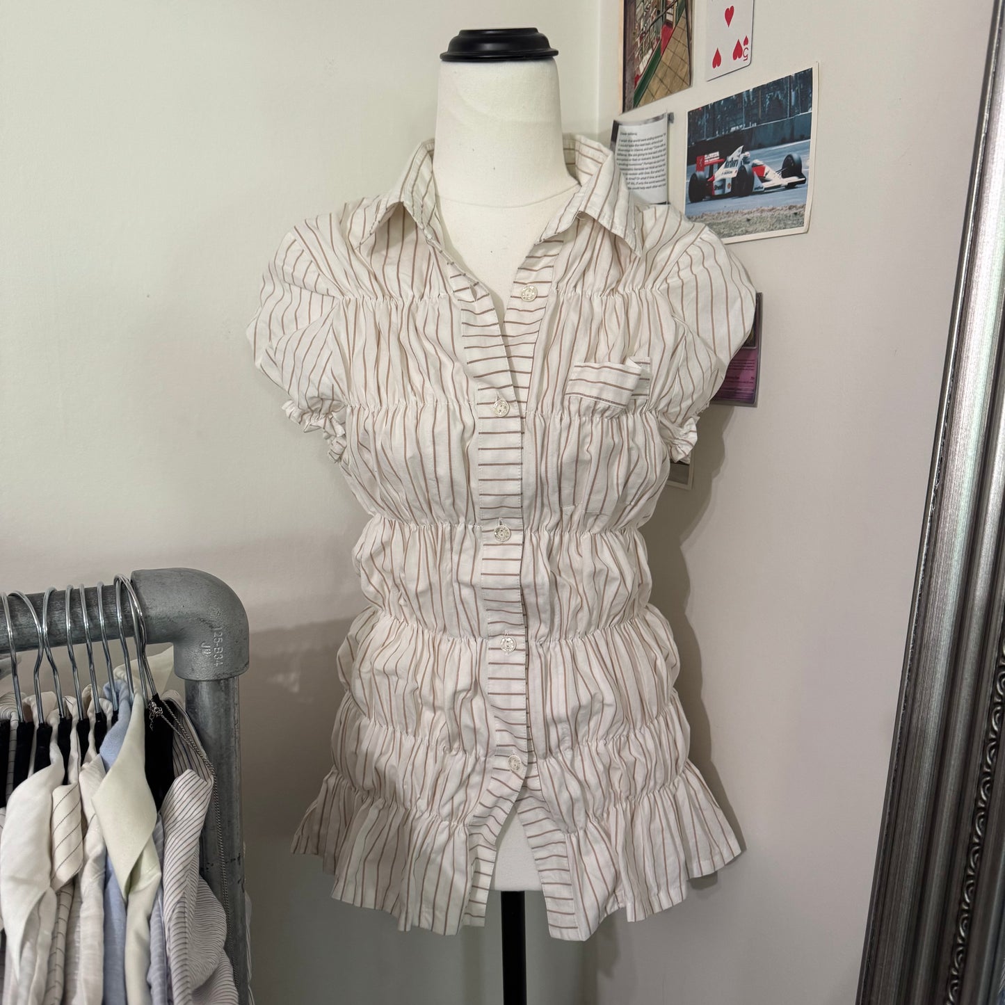 Pinstripe Ruched Button Up Blouse