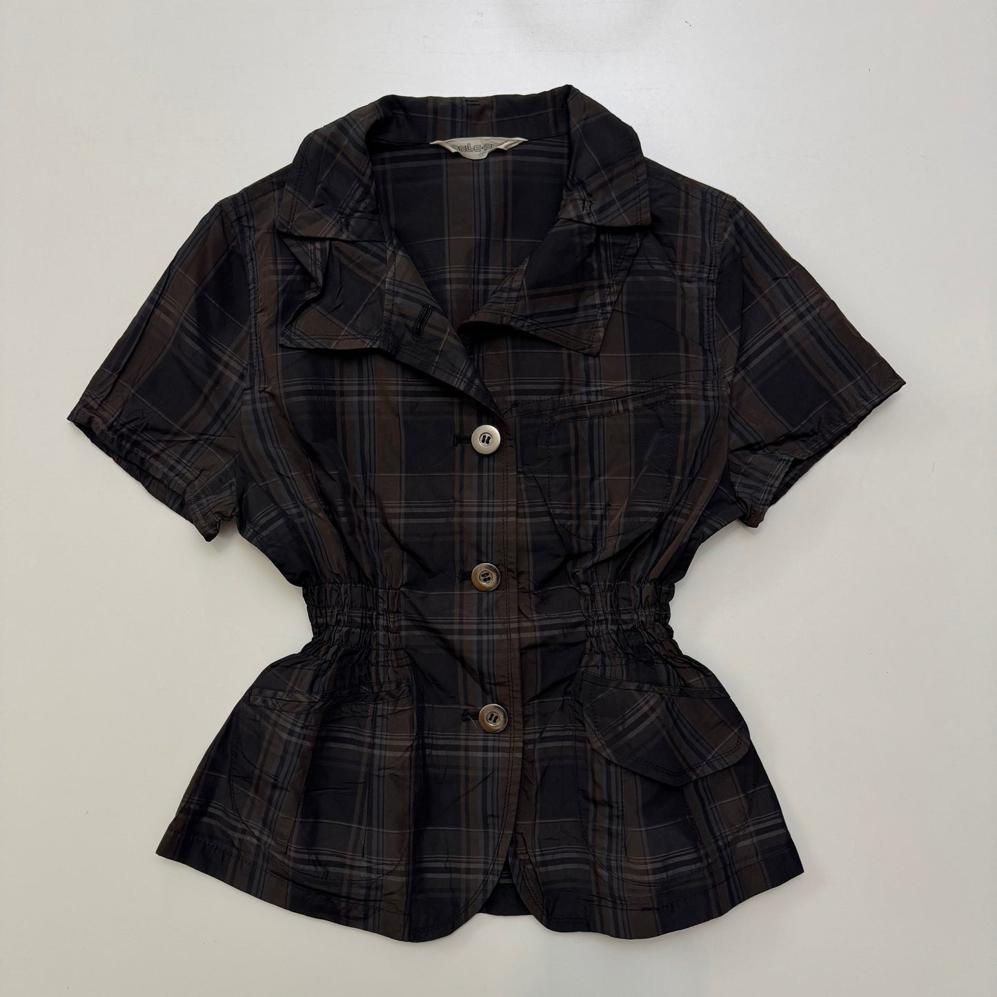 Cinched Waist Plaid Blouse