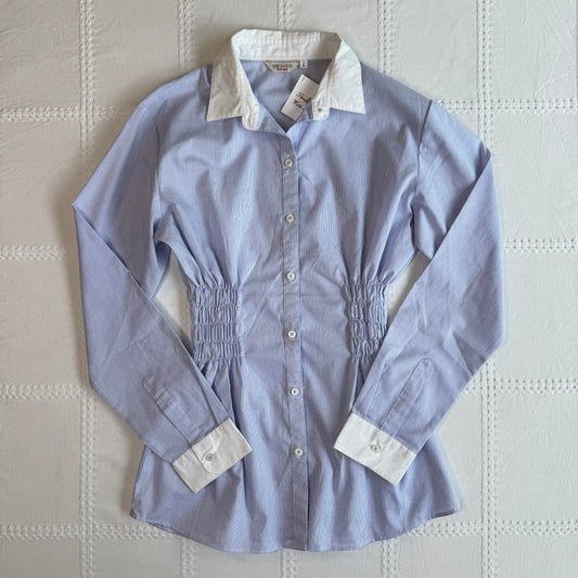 Blue Cinched Button Up Blouse