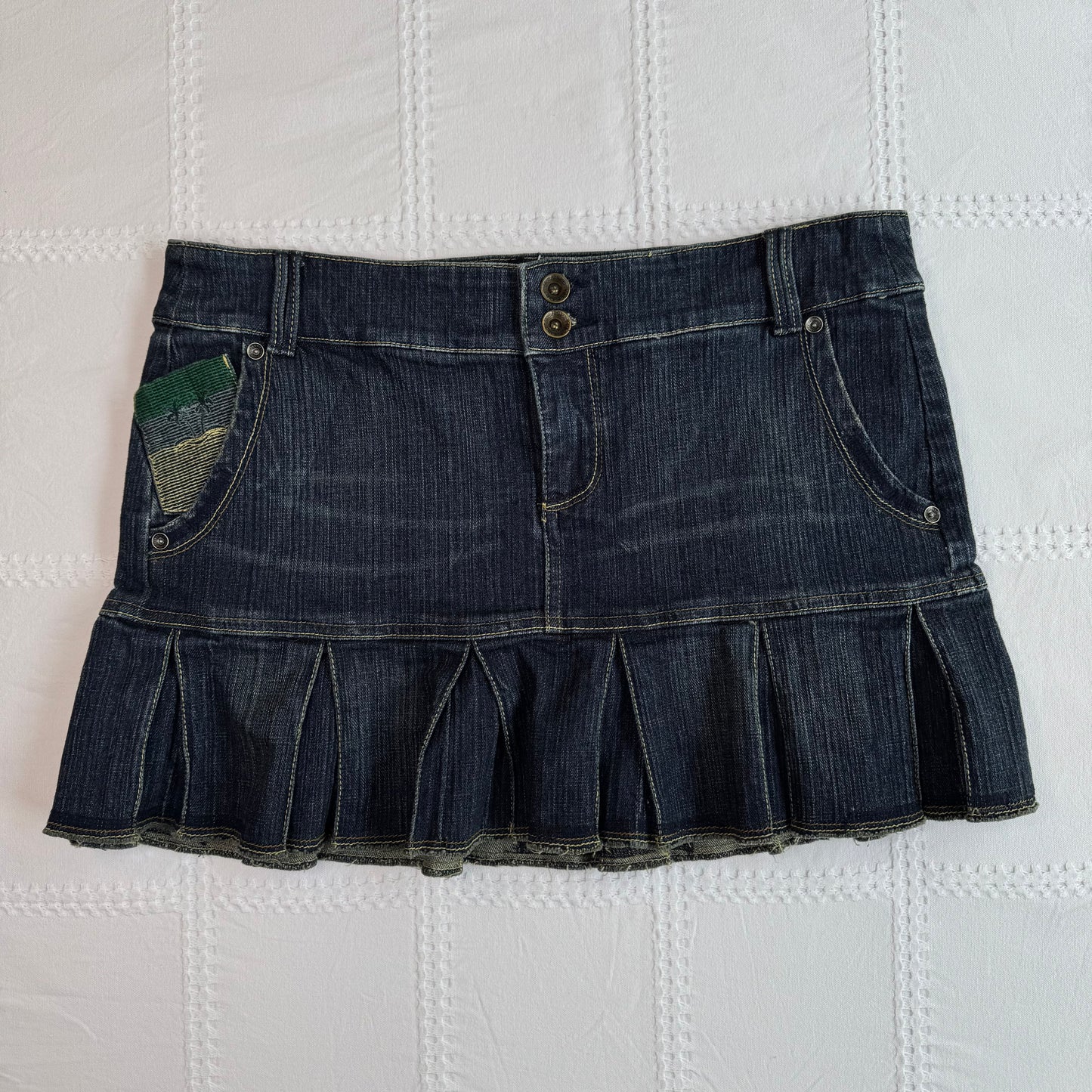 Low Rise Denim Pleat Mini Skirt