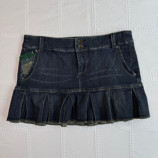 Low Rise Denim Pleat Mini Skirt