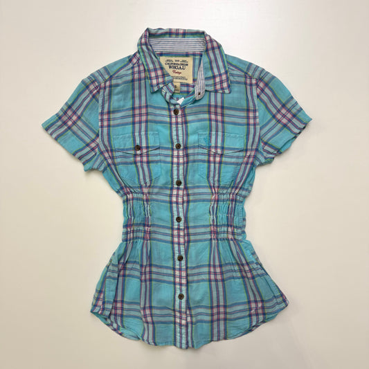 Plaid Cinched Button Up Blouse