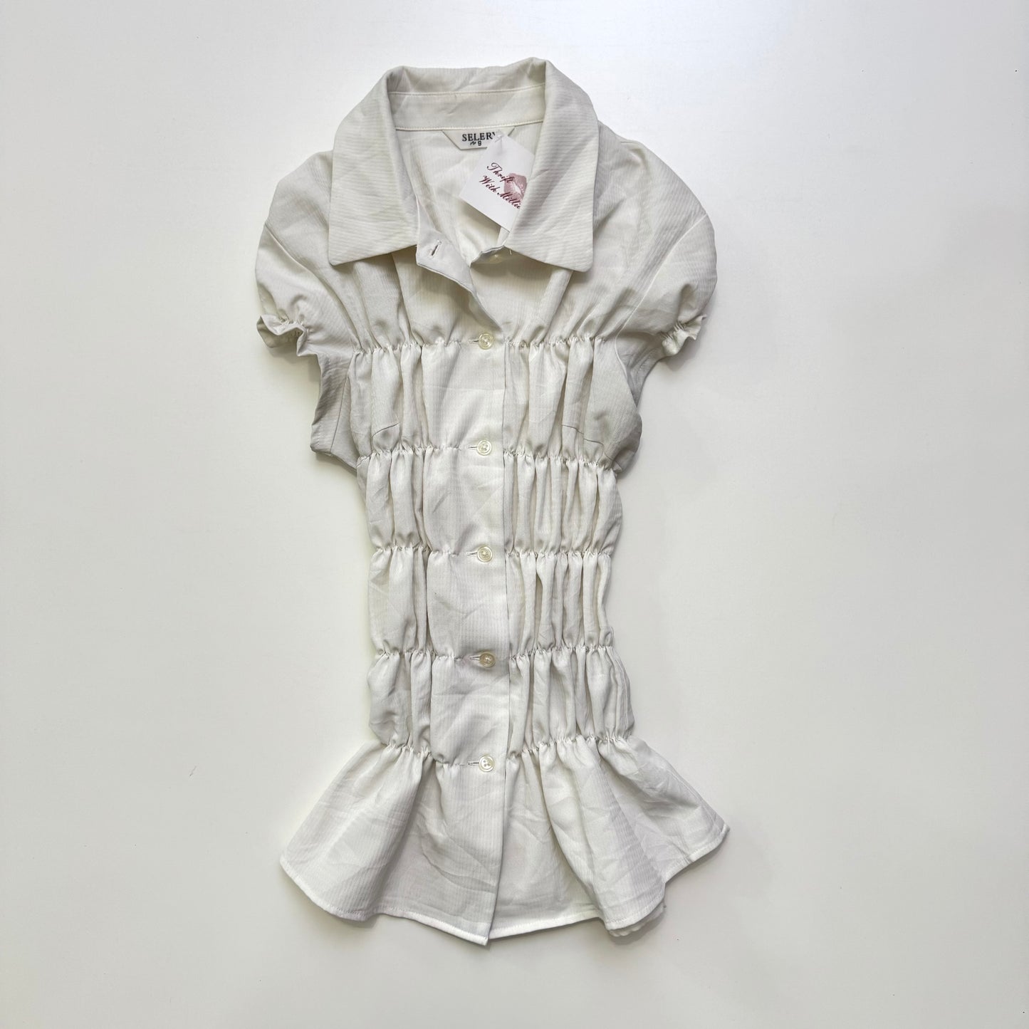 White Ruched Button Up Blouse