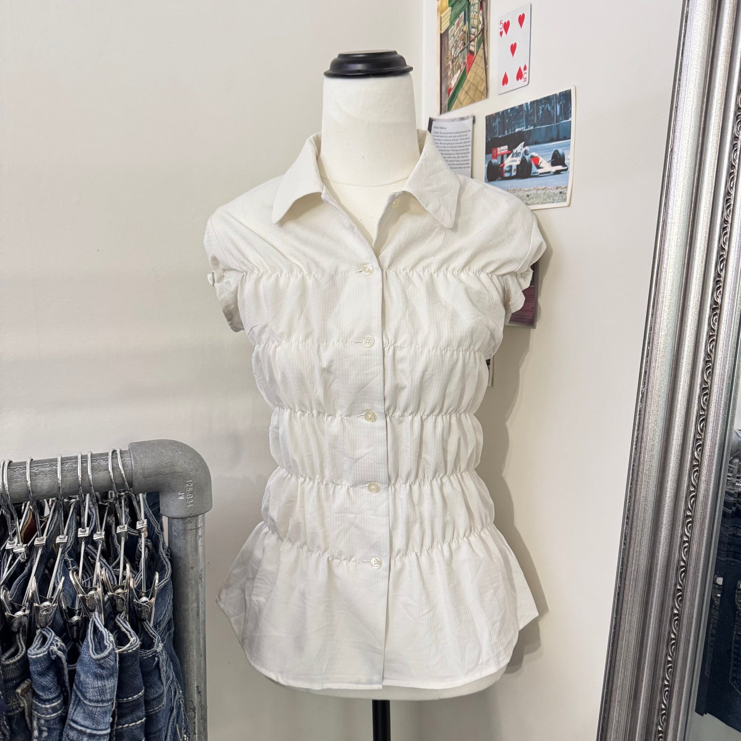 White Ruched Button Up Blouse