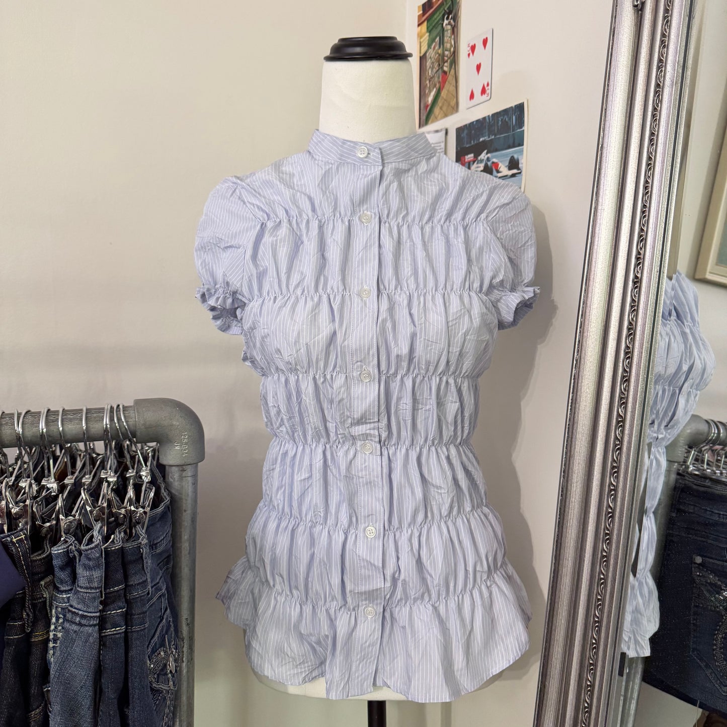 Ruched Pinstripe Button Up Blouse